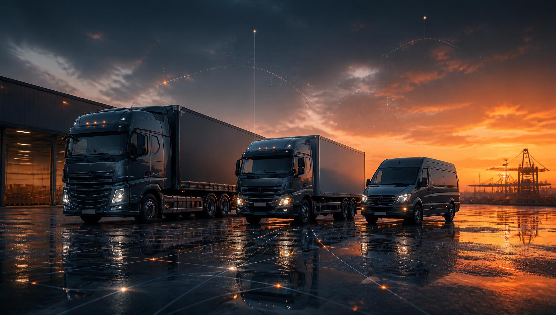Cargo van, box truck and semi-truck parked in a logistics yard at dusk